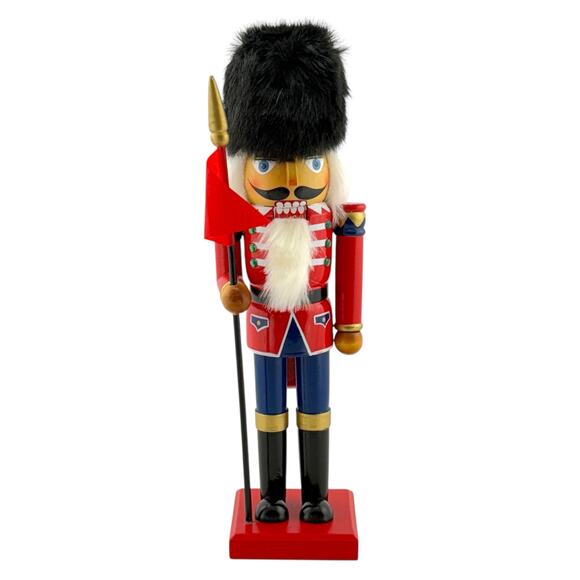 Marshall Fields Nutcracker Black Fur Hat Red Soldier 2005 with Flag 14 1/2" - Picture 1 of 13
